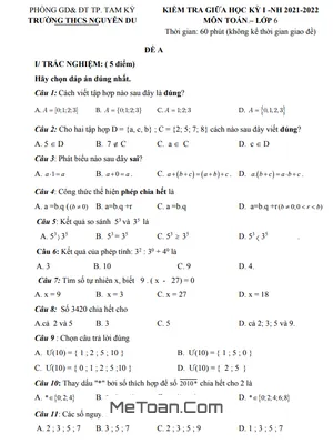 Đề thi giữa học kỳ 1 Toán lớp 6 năm 2021 - 2022 trường THCS Nguyễn Du - Quảng Nam