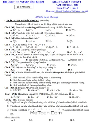 Đề Tham Khảo Giữa Kỳ 1 Toán 8 Năm 2023 - 2024 Trường Nguyễn Bỉnh Khiêm - Quảng Nam