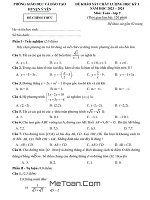 Đề thi học kỳ 1 Toán 9 năm 2023 - 2024 phòng GD&ĐT Ý Yên - Nam Định