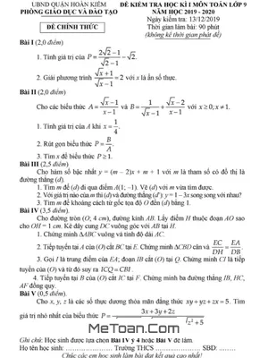 Đề thi học kì 1 Toán 9 năm 2019 - 2020 phòng GD&ĐT Hoàn Kiếm - Hà Nội