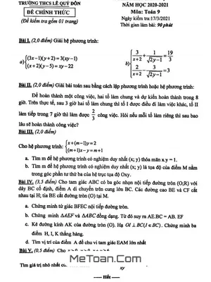 Đề thi giữa kỳ 2 môn Toán lớp 9 năm 2020 - 2021 trường THCS Lê Quý Đôn - Hà Nội