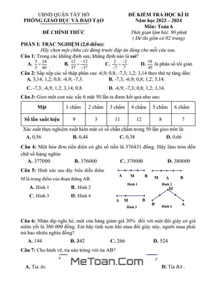 Đề thi học kỳ 2 Toán lớp 6 năm 2023 - 2024 phòng GD&ĐT Tây Hồ - Hà Nội