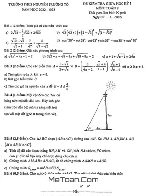 Đề thi giữa học kỳ 1 Toán 9 năm 2022 - 2023 trường THCS Nguyễn Trường Tộ - Hà Nội