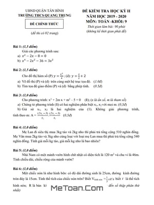 Đề thi học kì 2 Toán lớp 9 năm 2019 - 2020 trường THCS Quang Trung - TP.HCM
