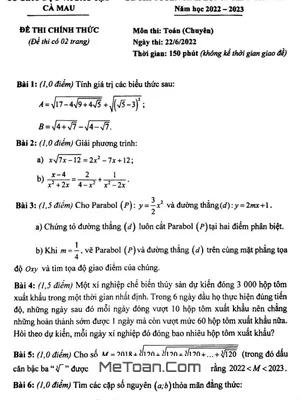Đề thi Tuyển sinh Lớp 10 Chuyên Toán Sở GD&ĐT Cà Mau Năm học 2022-2023