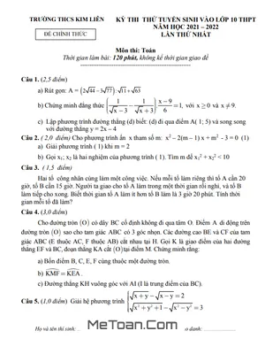 Đề thi thử Toán vào lớp 10 năm 2021 - 2022 lần 1 trường THCS Kim Liên - Nghệ An