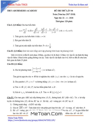 Đề thi thử vào lớp 10 môn Toán 2017 - 2018 trường Archimedes Academy - Hà Nội lần 6