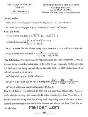 Đề thi HSG cấp tỉnh môn Toán lớp 9 năm 2022 - 2023 sở GD&ĐT Nghệ An