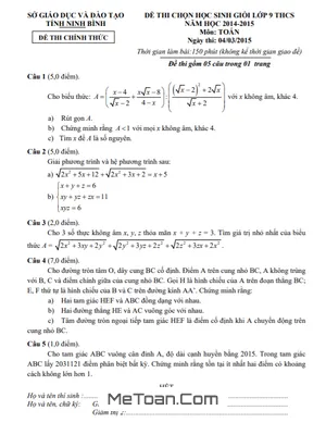 Đề thi chọn học sinh giỏi Toán 9 năm 2014 - 2015 Sở GD&ĐT Ninh Bình