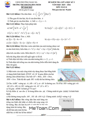 Đề Thi Giữa Kỳ 1 Môn Toán Lớp 8 Năm Học 2025 - 2026 Trường THCS Hoàng Hoa Thám (Có Đáp Án)