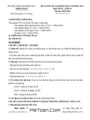Đề Cương Ôn Tập Cuối Học Kỳ 1 Môn Toán Lớp 10 Năm Học 2025 – 2026 Trường THPT Sơn Động Số 3, Bắc Ninh