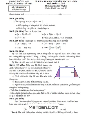 Đề thi học kì 1 Toán 6 năm học 2025 - 2026 xã Đông Anh - Hà Nội có đáp án