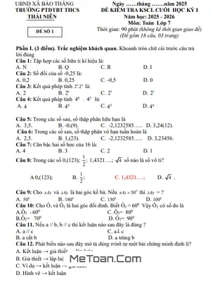Đề Cuối Học Kỳ 1 Môn Toán 7 Năm Học 2025 – 2026 Trường THCS Thái Niên – Lào Cai