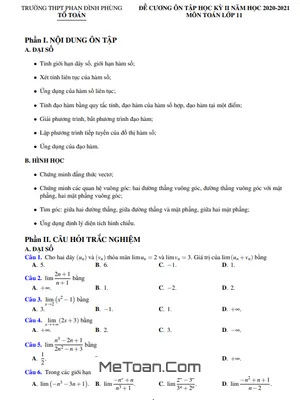 Đề Cương Ôn Tập HK2 Toán 11 Năm 2020 - 2021 Trường Phan Đình Phùng - Quảng Bình