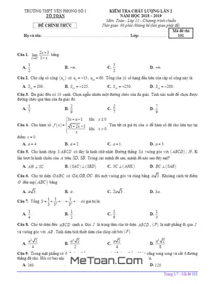 Đề kiểm tra Toán 11 lần 2 năm 2018 - 2019 trường Yên Phong 1 - Bắc Ninh