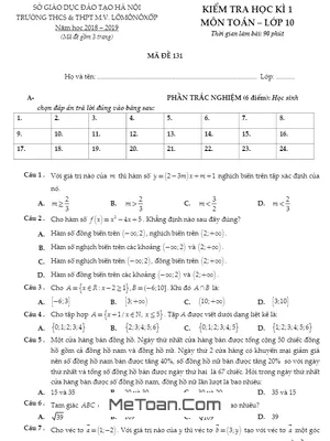 Đề kiểm tra học kỳ 1 Toán 10 năm 2018 - 2019 trường M.V Lômônôxốp - Hà Nội