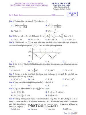 Đề thi HK1 Toán 12 năm 2020 - 2021 trường Nguyễn Tất Thành - Hà Nội (Mã đề 187)