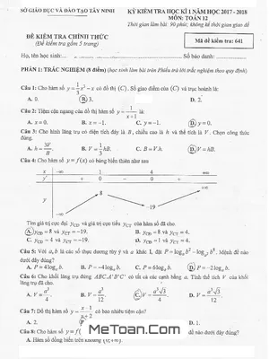 Đề thi học kỳ 1 Toán 12 năm 2017 - 2018 Sở GD&ĐT Tây Ninh - Có lời giải