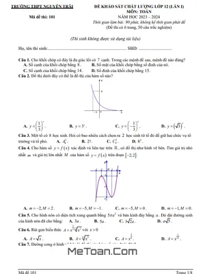 Đề khảo sát Toán 12 lần 1 năm 2023 - 2024 trường THPT Nguyễn Trãi - Thanh Hóa