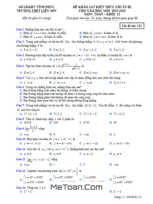 Đề khảo sát Toán 12 đầu năm 2019 – 2020 trường Liễn Sơn – Vĩnh Phúc