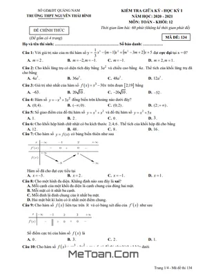 Đề thi giữa HK1 Toán 12 năm 2020 - 2021 trường THPT Nguyễn Thái Bình - Quảng Nam