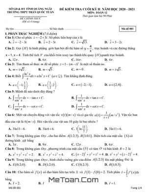 Trọn Bộ Đề Thi Cuối Kỳ 2 Toán 12 Năm 2020-2021 Trường Trần Quốc Tuấn - Quảng Ngãi (Có Đáp Án)