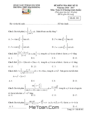Đề thi HK2 môn Toán lớp 12 năm 2016 - 2017 trường THPT Bạch Đằng, Quảng Ninh
