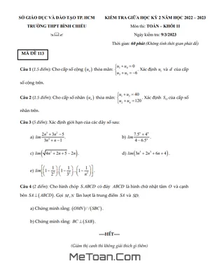 Đề Thi Giữa Học Kỳ 2 Môn Toán Lớp 11 Năm 2022-2023 Trường THPT Bình Chiểu - TP.HCM