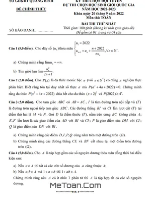 Đề chọn đội tuyển thi HSGQG môn Toán năm 2022 - 2023 sở GD&ĐT Quảng Bình