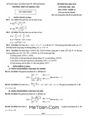 Đề thi HK2 Toán 11 năm 2020-2021 trường THPT Lê Trọng Tấn - TP.HCM