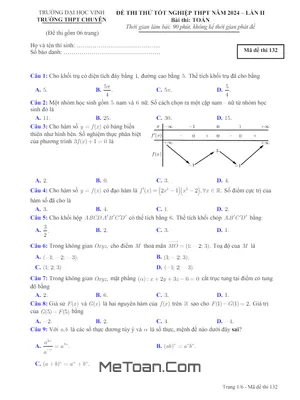 Đề thi thử Toán TN THPT 2024 lần 2 trường THPT chuyên ĐH Vinh - Nghệ An