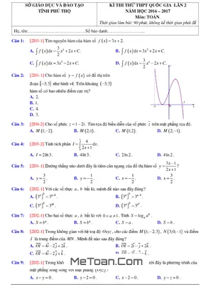 Đề thi thử THPT Quốc gia môn Toán 2017 sở GD&ĐT Phú Thọ lần 2 có đáp án
