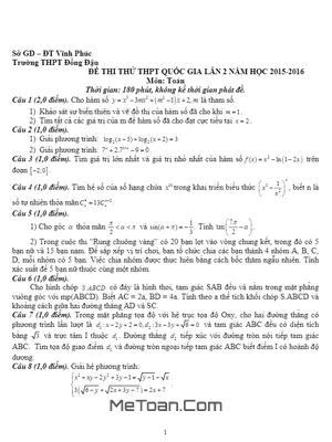 Đề thi thử THPT Quốc gia môn Toán 2016 trường Đồng Đậu – Vĩnh Phúc lần 2