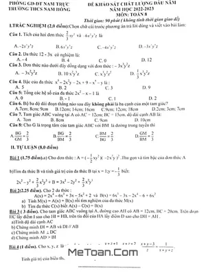 Đề khảo sát Toán 8 đầu năm 2022 – 2023 trường THCS Nam Hồng – Nam Định