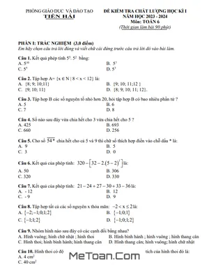 Đề thi học kì 1 Toán lớp 6 năm 2023 - 2024 phòng GD&ĐT Tiền Hải - Thái Bình (có đáp án)