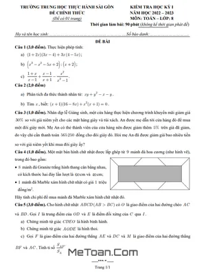 Đề Thi Học Kì 1 Toán 8 Năm 2022 - 2023 Trường THCS Thực Hành Sài Gòn