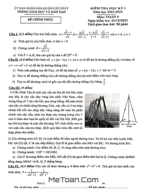 Đề thi học kỳ 1 Toán 9 năm 2023 - 2024 phòng GD&ĐT Cầu Giấy - Hà Nội