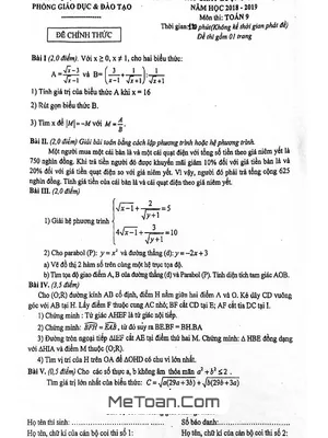 Đề KSCL giữa HK2 Toán 9 năm 2018 - 2019 phòng GD&ĐT Bắc Từ Liêm - Hà Nội