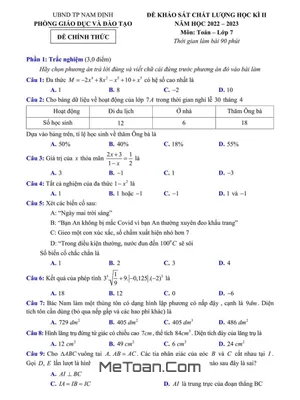 Đề thi học kì 2 Toán 7 năm 2022 - 2023 phòng GD&ĐT thành phố Nam Định