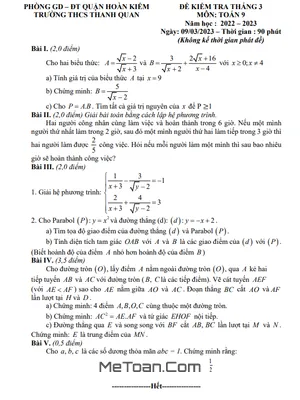Đề kiểm tra Toán 9 tháng 3 năm 2023 trường THCS Thanh Quan – Hà Nội