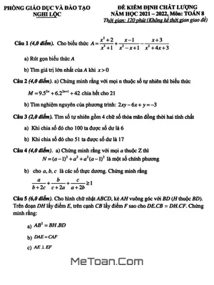 Đề kiểm định chất lượng Toán 8 năm 2021 - 2022 phòng GD&ĐT Nghi Lộc - Nghệ An