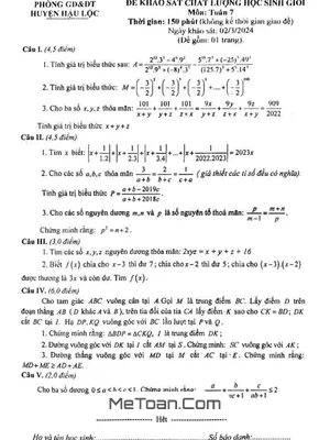 Đề thi học sinh giỏi Toán 7 năm 2023 - 2024 phòng GD&ĐT Hậu Lộc - Thanh Hóa