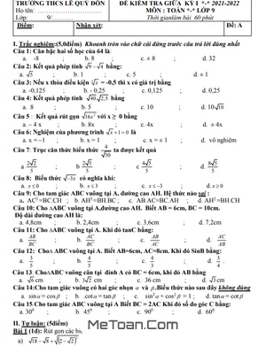 Đề thi giữa kỳ 1 Toán 9 năm 2021 - 2022 trường THCS Lê Quý Đôn - Quảng Nam
