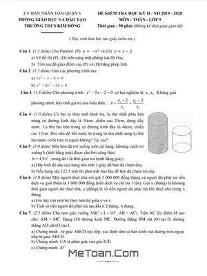 Đề thi học kì 2 Toán 9 năm 2019 - 2020 trường THCS Kim Đồng - TP HCM
