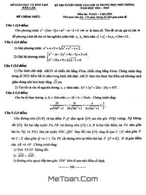 Đề Tuyển Sinh Lớp 10 Môn Toán (Chuyên) Năm 2022 - 2023 Sở GD&ĐT Đắk Lắk