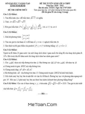 Đề thi tuyển sinh lớp 10 môn Toán năm 2020 - 2021 Sở GD&ĐT Ninh Bình