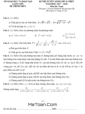 Đề thi tuyển sinh lớp 10 môn Toán năm 2017-2018 sở GD&ĐT Lạng Sơn
