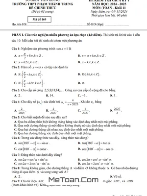 Đề Thi Giữa Kỳ 1 Toán 11 Năm 2024 - 2025 Trường THPT Phạm Thành Trung - Tiền Giang