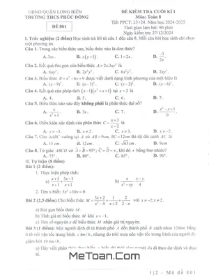 Đề Thi Cuối Kì 1 Môn Toán Lớp 8 Năm 2024 - 2025 Trường THCS Phúc Đồng - Hà Nội