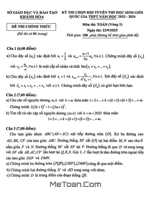 Đề thi chọn đội tuyển HSG Quốc gia môn Toán THPT 2025 - 2026 sở GD&ĐT Khánh Hòa (kèm đáp án)